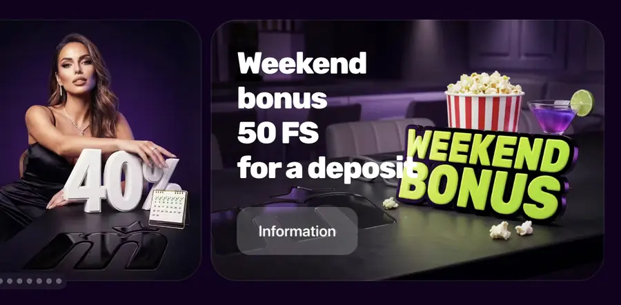Banners da MaxWin com bônus semanal de 40% e 50 rodadas no fim de semana