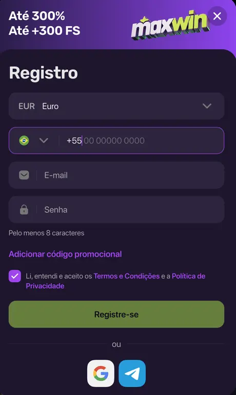 Tela de registro da MaxWin com o bônus de até 300% e até 300 rodadas no topo